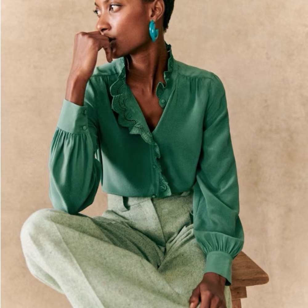 Sezane Green Silk Chlo Blouse Top Shirt
